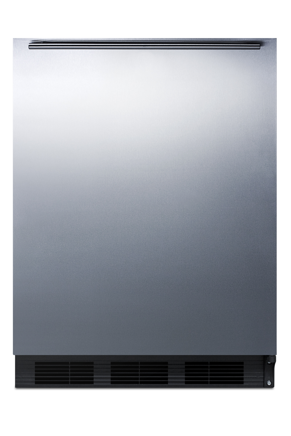 Commercially listed freestanding all-refrigerator for general purpose use, auto defrost w/SS wrapped door, horizontal handle, and black cabinet